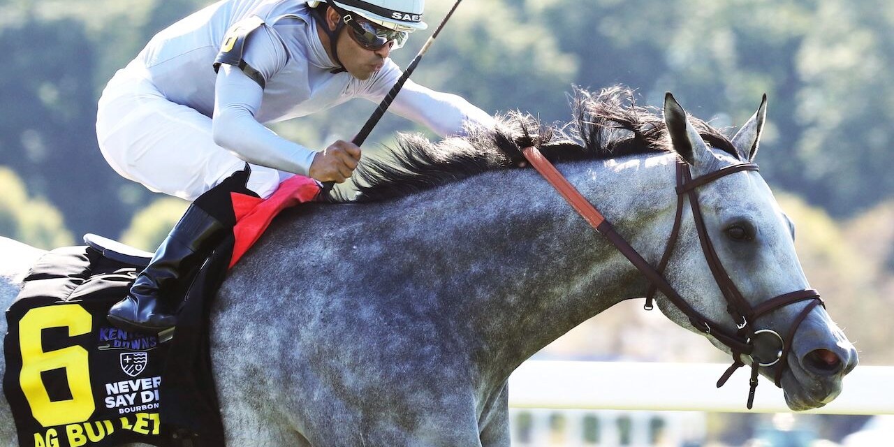 AG Bullet wins the Never Say Die Ladies Turf Sprint Stakes at Kentucky Downs.