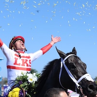 Bentornato and jockey Irad Ortiz Jr. after winning the Breeders' Cup Sprint (G1) at Del Mar