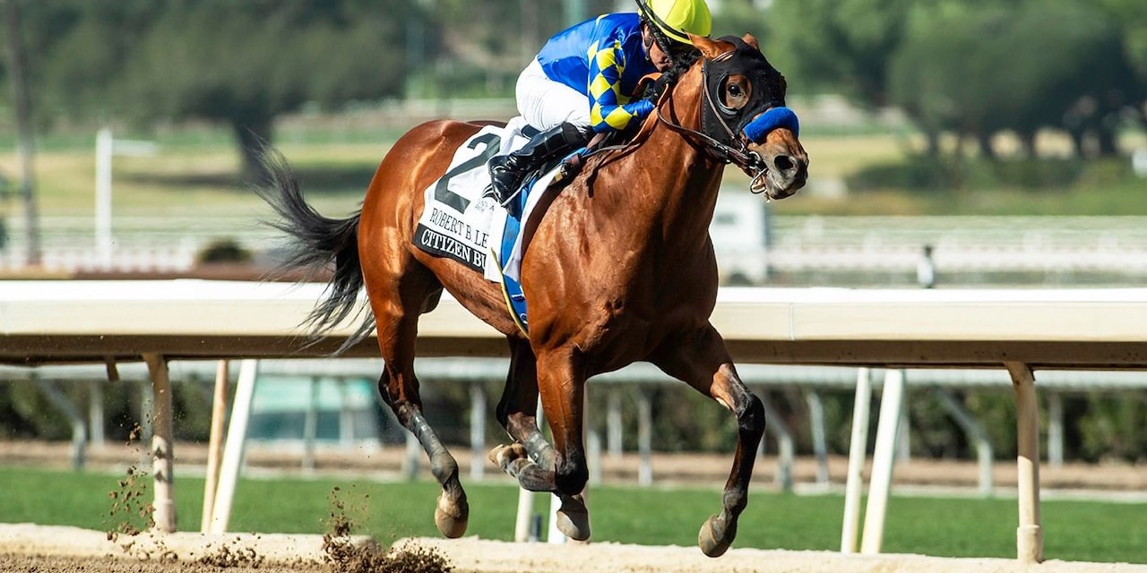 Citizen Bull winning the Robert B. Lewis (G3) at Santa Anita (Photo by Benoit Photo)