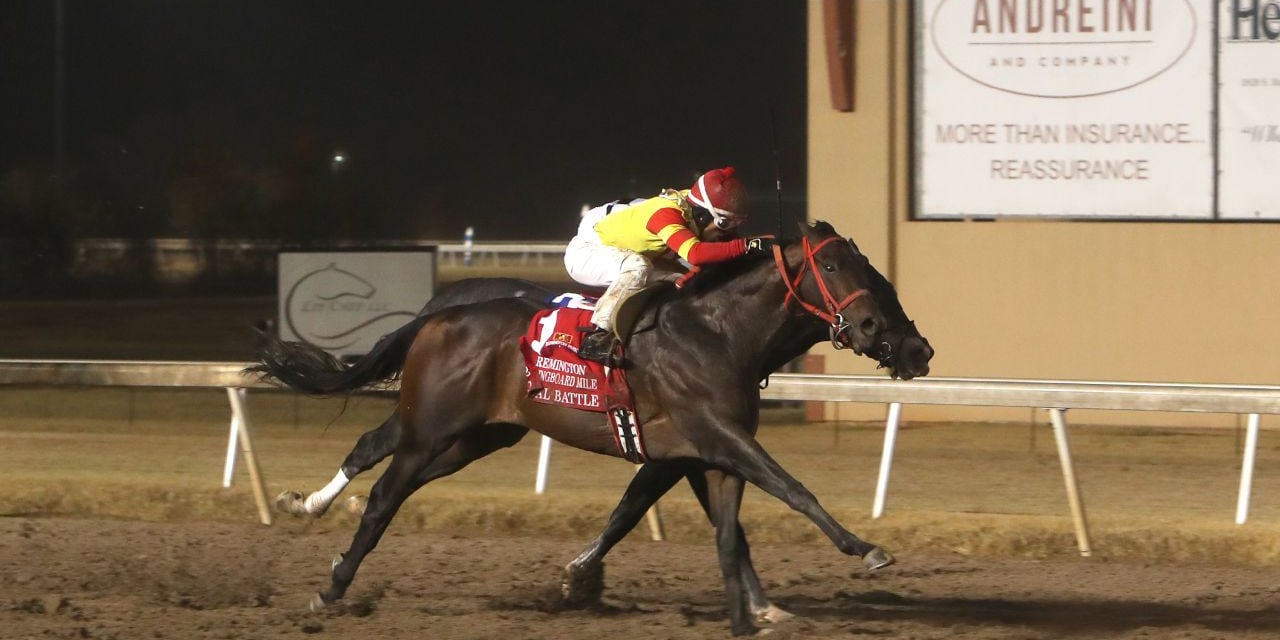 Coal Battle winning the Remington Springboard Mile at Remington Park (Photo by Dustin Orona Photography/Remington Park)