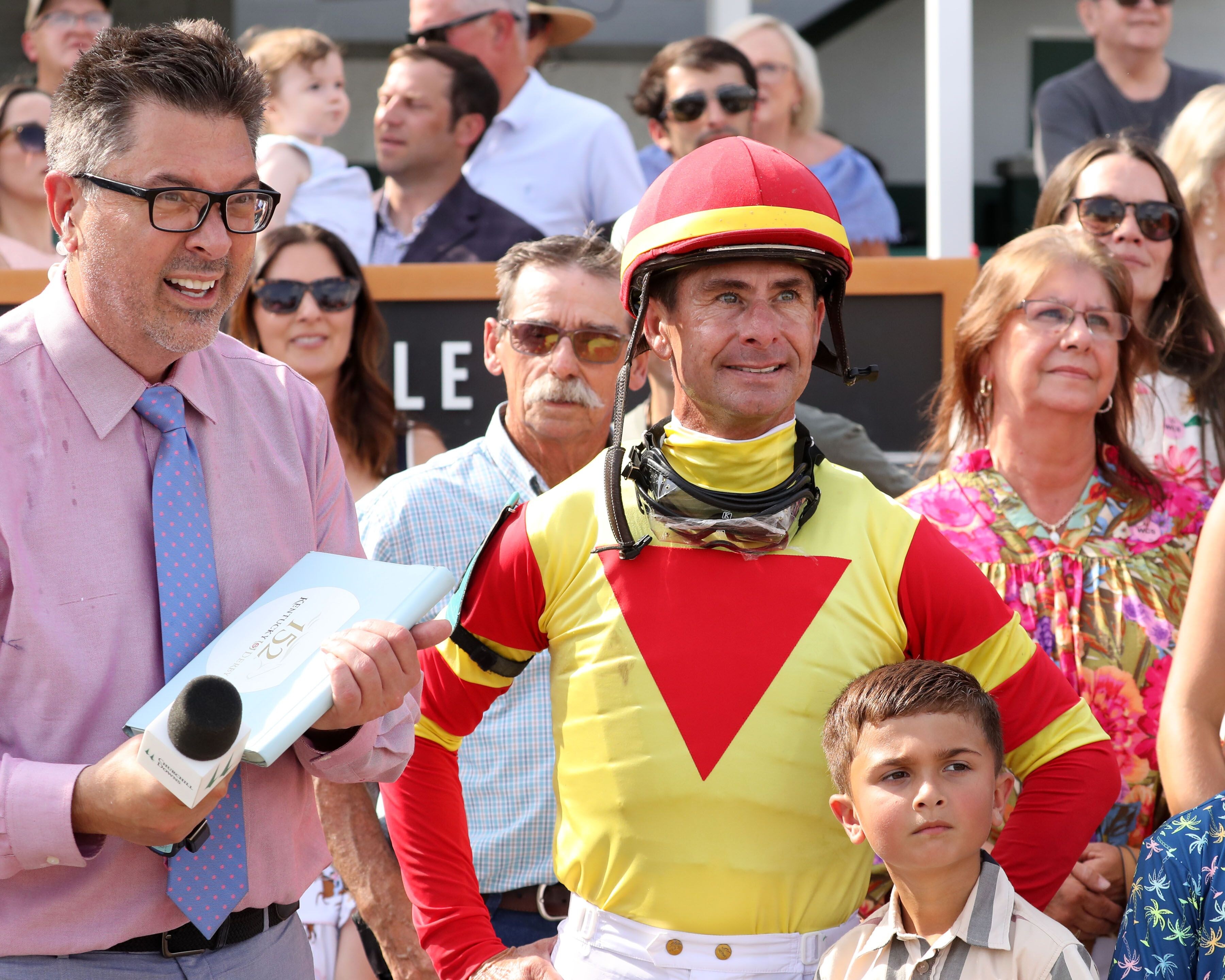 Joe Kristufek interviews Corey Lanerie after finishing fourth aboard Coal Battle in his final ride