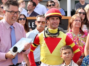 Joe Kristufek interviews Corey Lanerie after finishing fourth aboard Coal Battle in his final ride