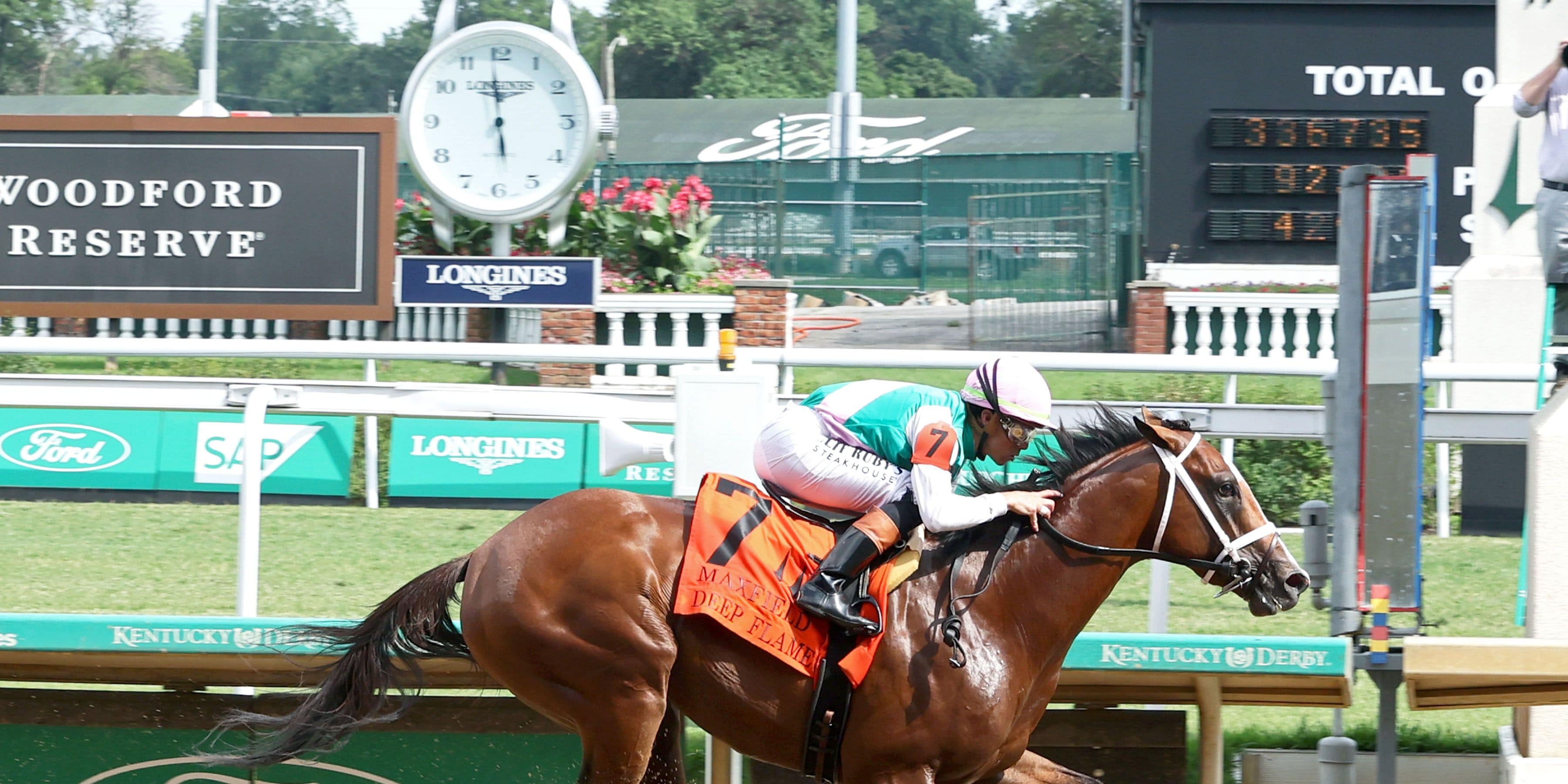 Deep Flame romped in his stakes debut in the Maxfield (G3)