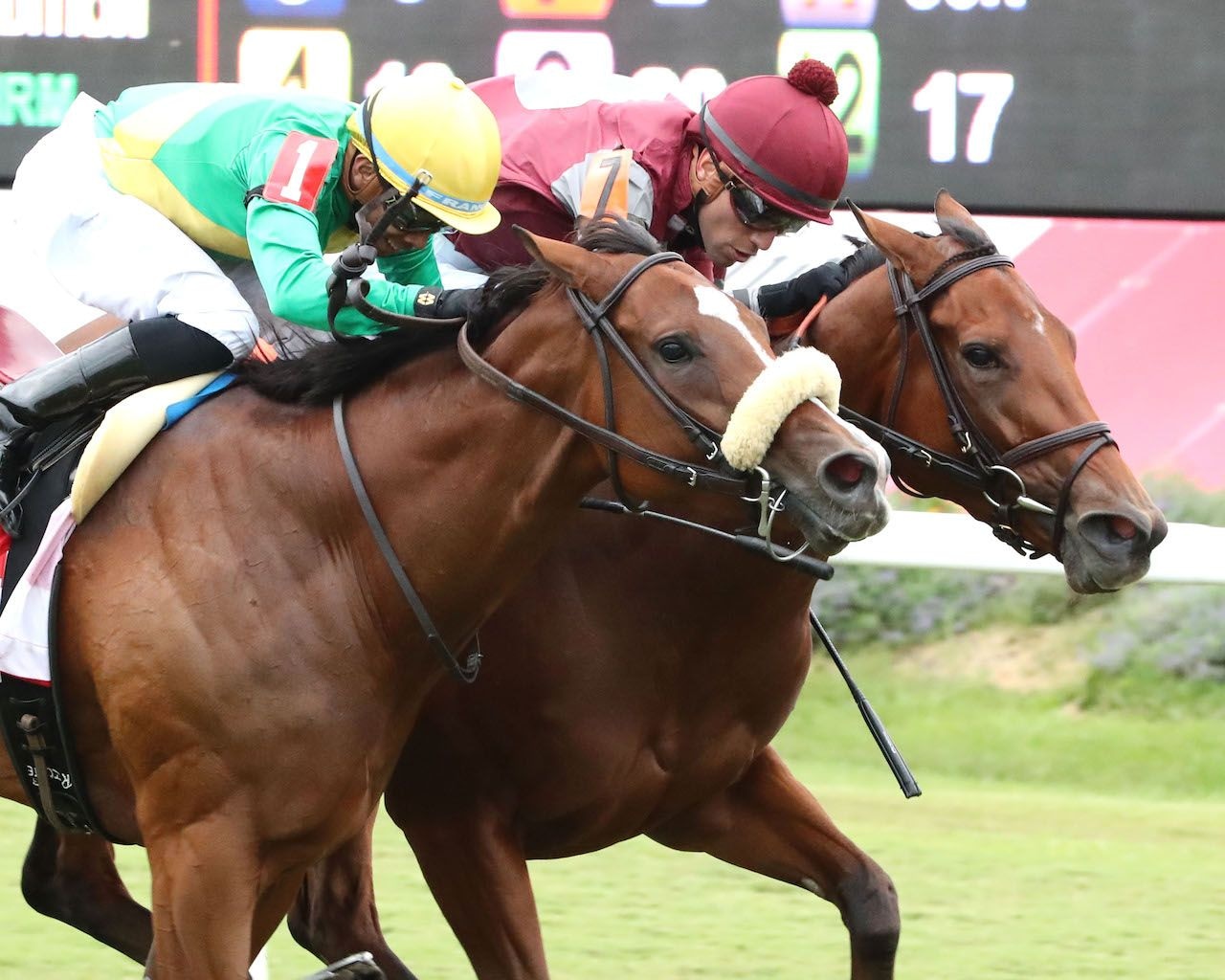 Deep Satin and Style Points end in a dead heat during the Virginia Oaks at Colonial Downs