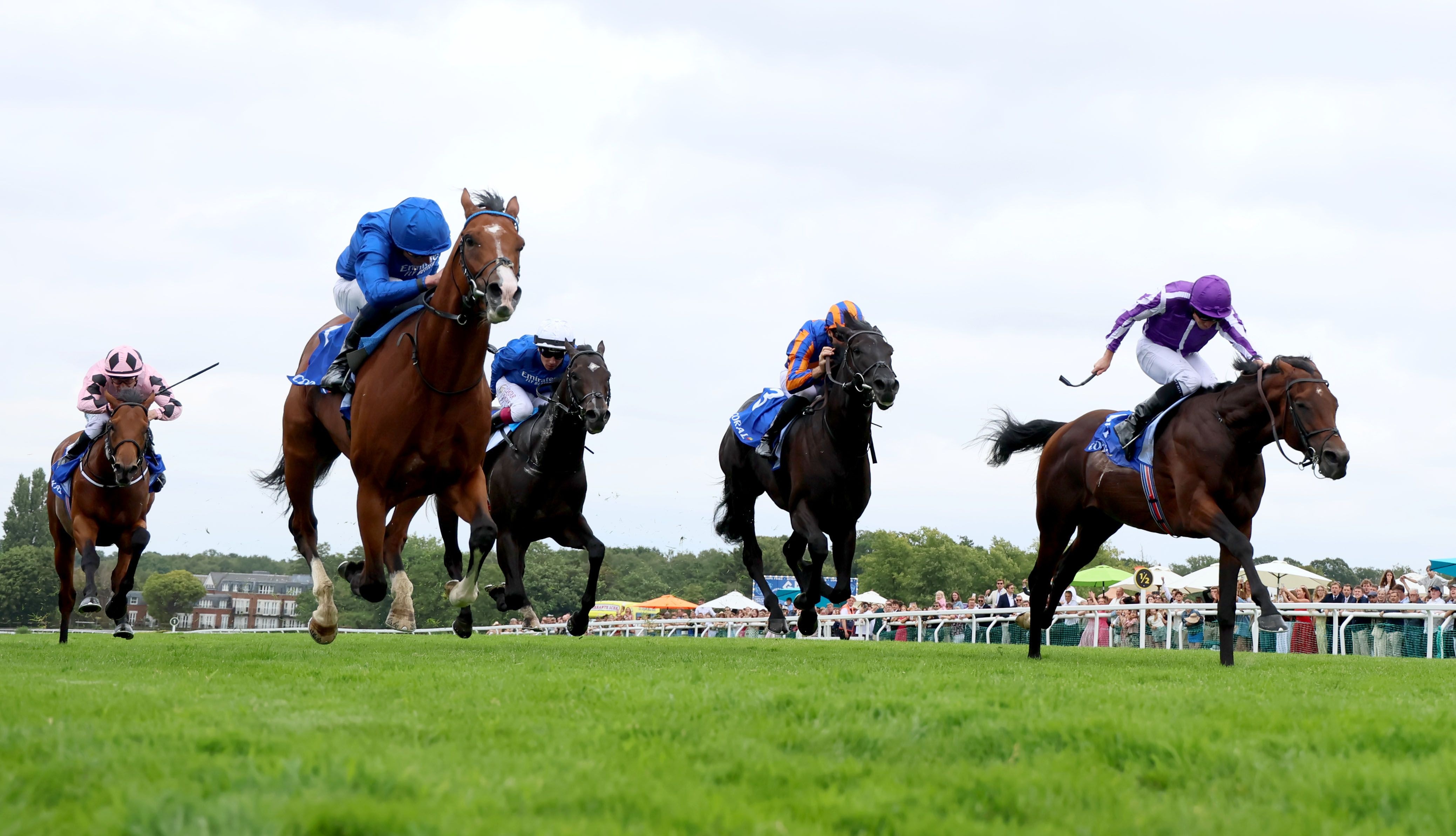 Delacroix (far right) gets up to deny Ombudsman (blue on left) in the Eclipse (G1) at Sandown (Photo by focusonracing.com)