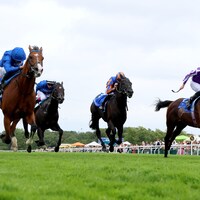 Delacroix (far right) gets up to deny Ombudsman (blue on left) in the Eclipse (G1) at Sandown (Photo by focusonracing.com)