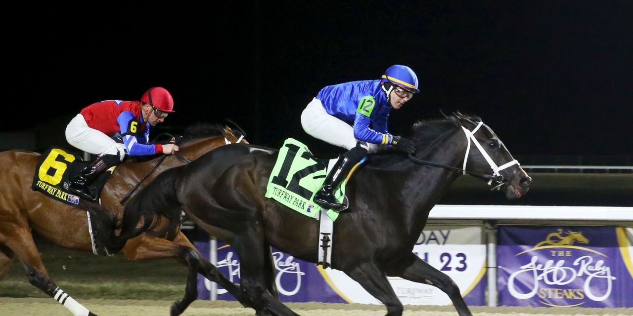 Encino winning the John Battaglia Memorial S. at Turfway Park (Photo by Coady Photography)