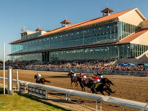 Fair Grounds racetrack grandstand racing scene.