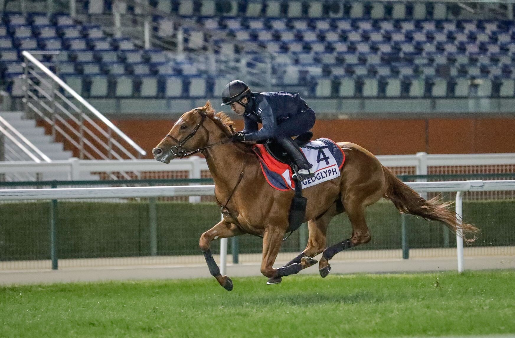 Geoglyph completes a track workout prior to the Dubai World Cup.
