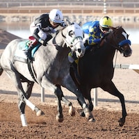 Getaway Car (inside) winning the Sunland Park Derby at Sunland Park (Photo by Coady Media)