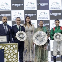 Trophy presentation after Calandagan's victory in the 2026 Dubai Sheema Classic (G1)