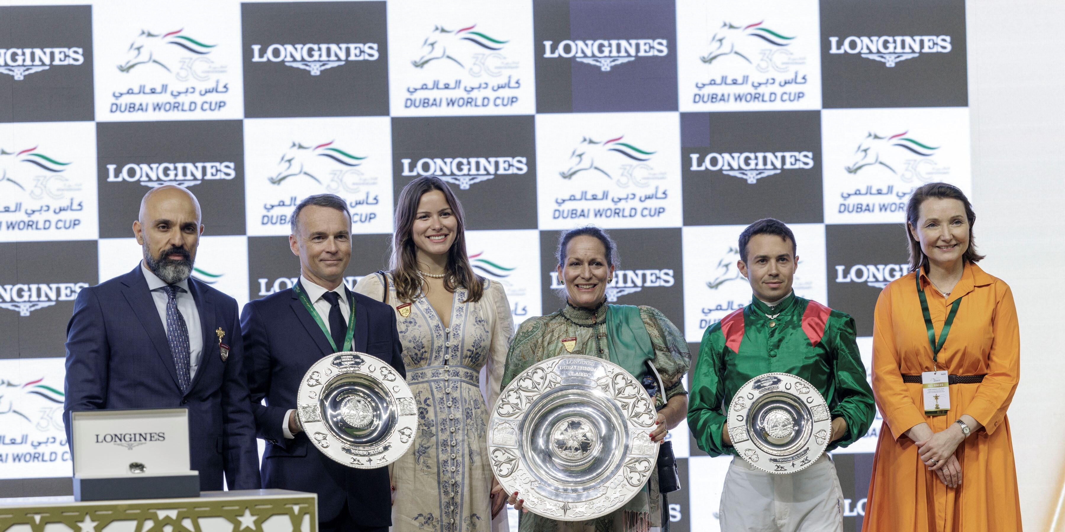 Trophy presentation after Calandagan's victory in the 2026 Dubai Sheema Classic (G1)