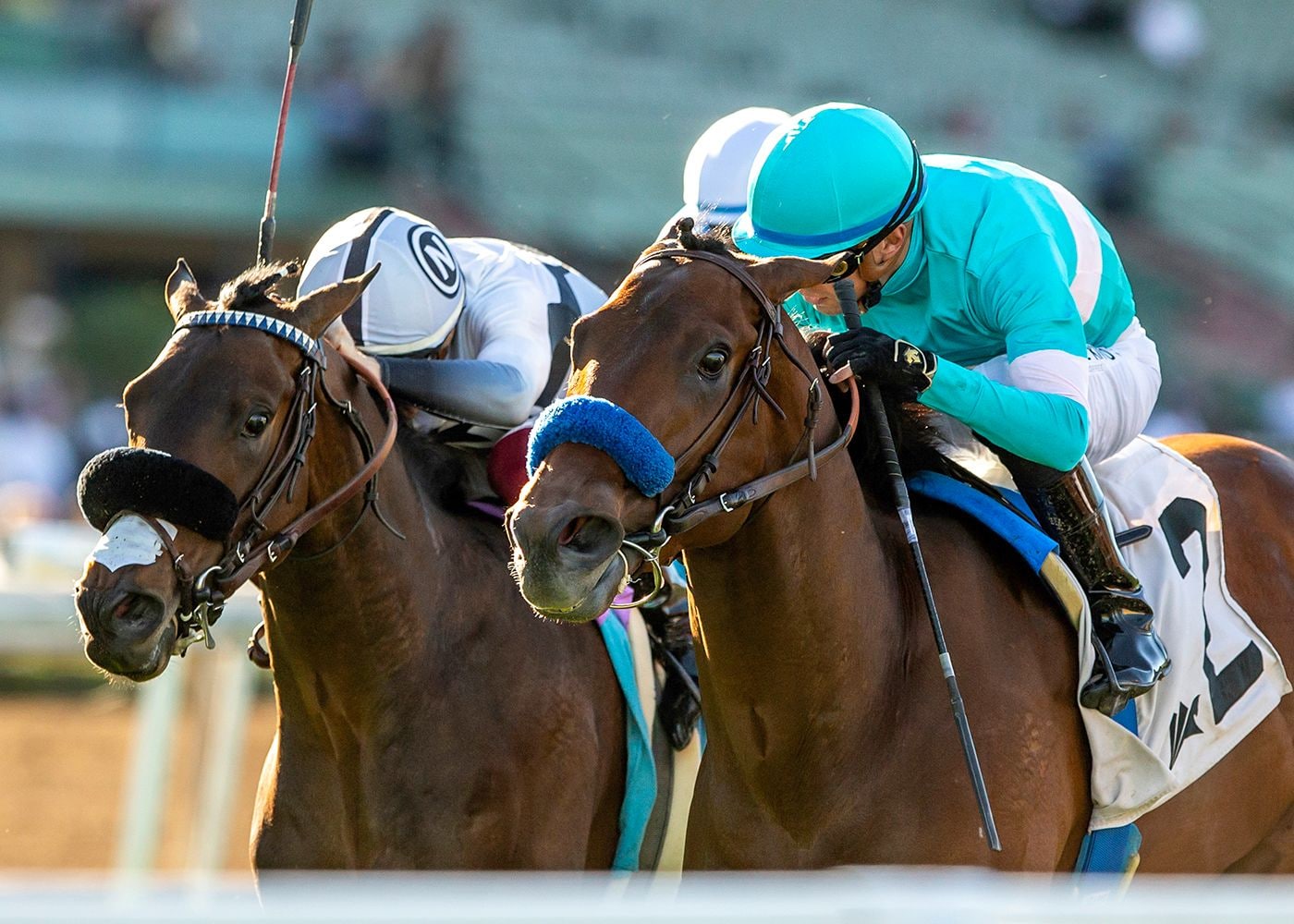 Iriseach (left) missed narrowly when third to Greenwich Village in the Pasadena S.