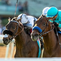 Iriseach (left) missed narrowly when third to Greenwich Village in the Pasadena S.