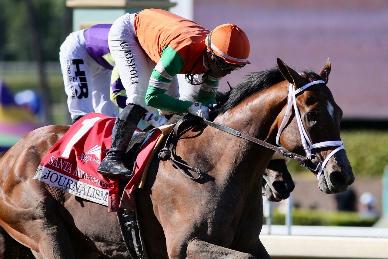 Journalism winning the 2025 Santa Anita Derby (G1) at Santa Anita