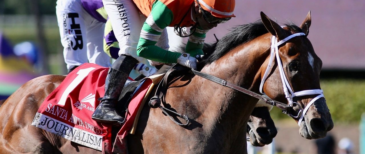 Journalism winning the 2025 Santa Anita Derby (G1) at Santa Anita