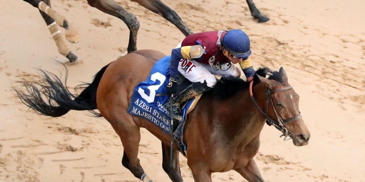 Majestic Oops wins the Azeri Stakes at Oaklawn Park.