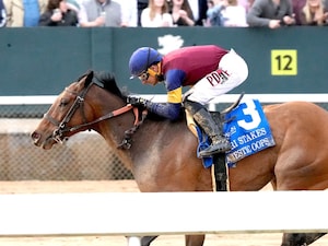 Majestic Oops wins the Azeri Stakes at Oaklawn Park.