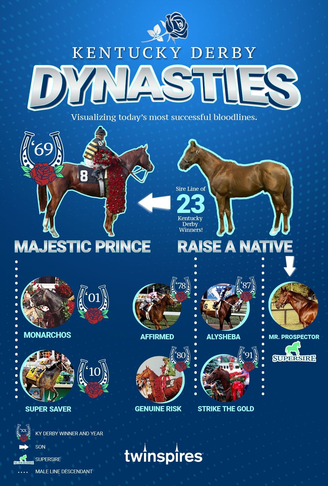 Kentucky Derby sire line of Raise a Native progeny infographic
