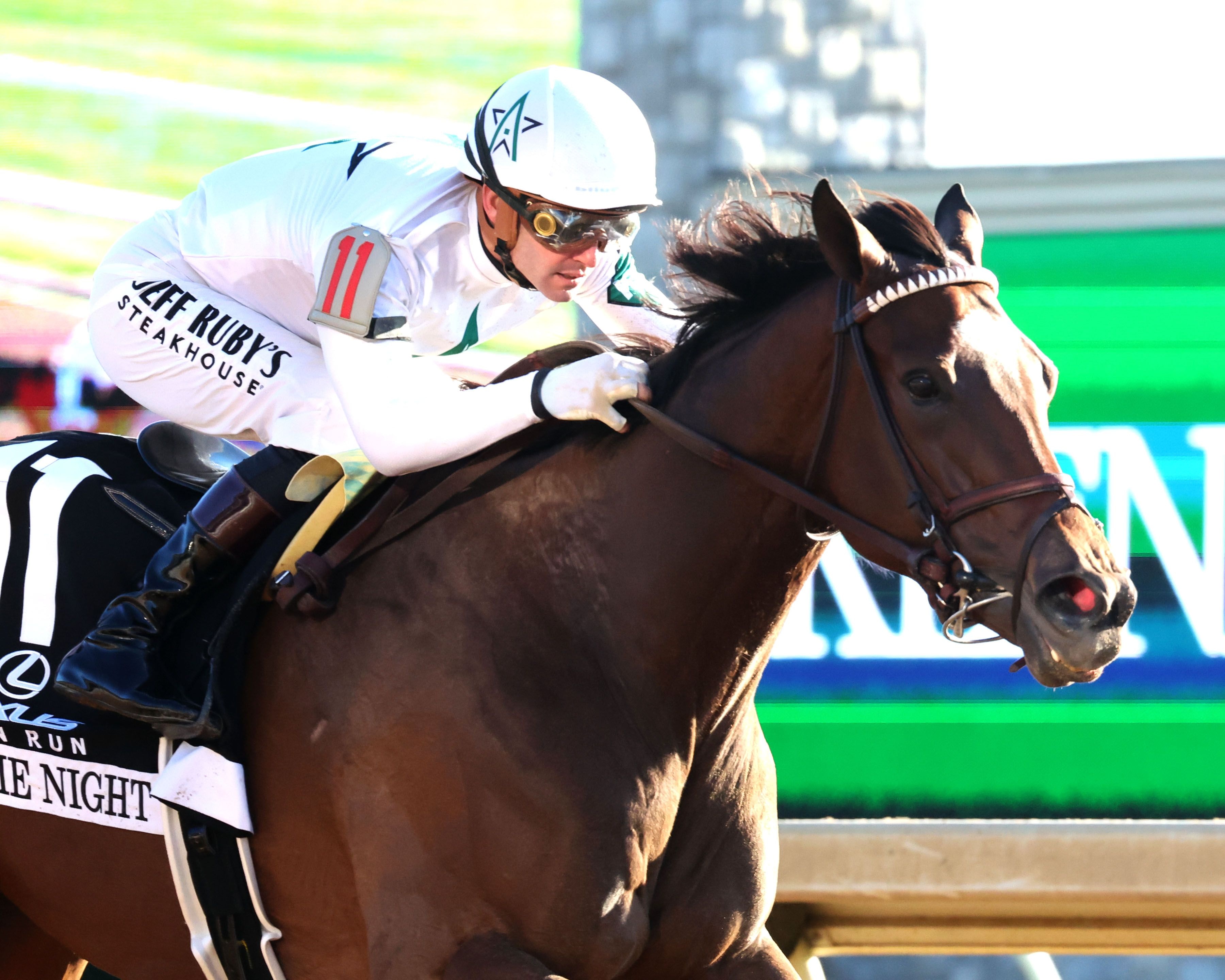 Movie Night scored her first stakes victory in the Raven Run (G2)