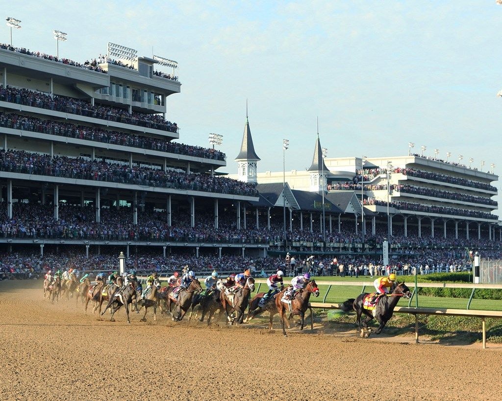 The field rounds the first turn in the 2016 Kentucky Derby