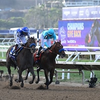 Nysos (outside) winning the Breeders' Cup Dirt Mile (G1) at Del Mar