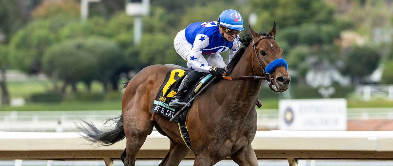 Nysos winning the Robert B. Lewis (G3) at Santa Anita (Photo by Benoit Photo)