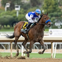 Nysos winning the Robert B. Lewis (G3) at Santa Anita (Photo by Benoit Photo)