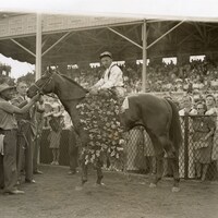 Polynesian with Jokey W D Wright wins the Preakness at Pimlico.