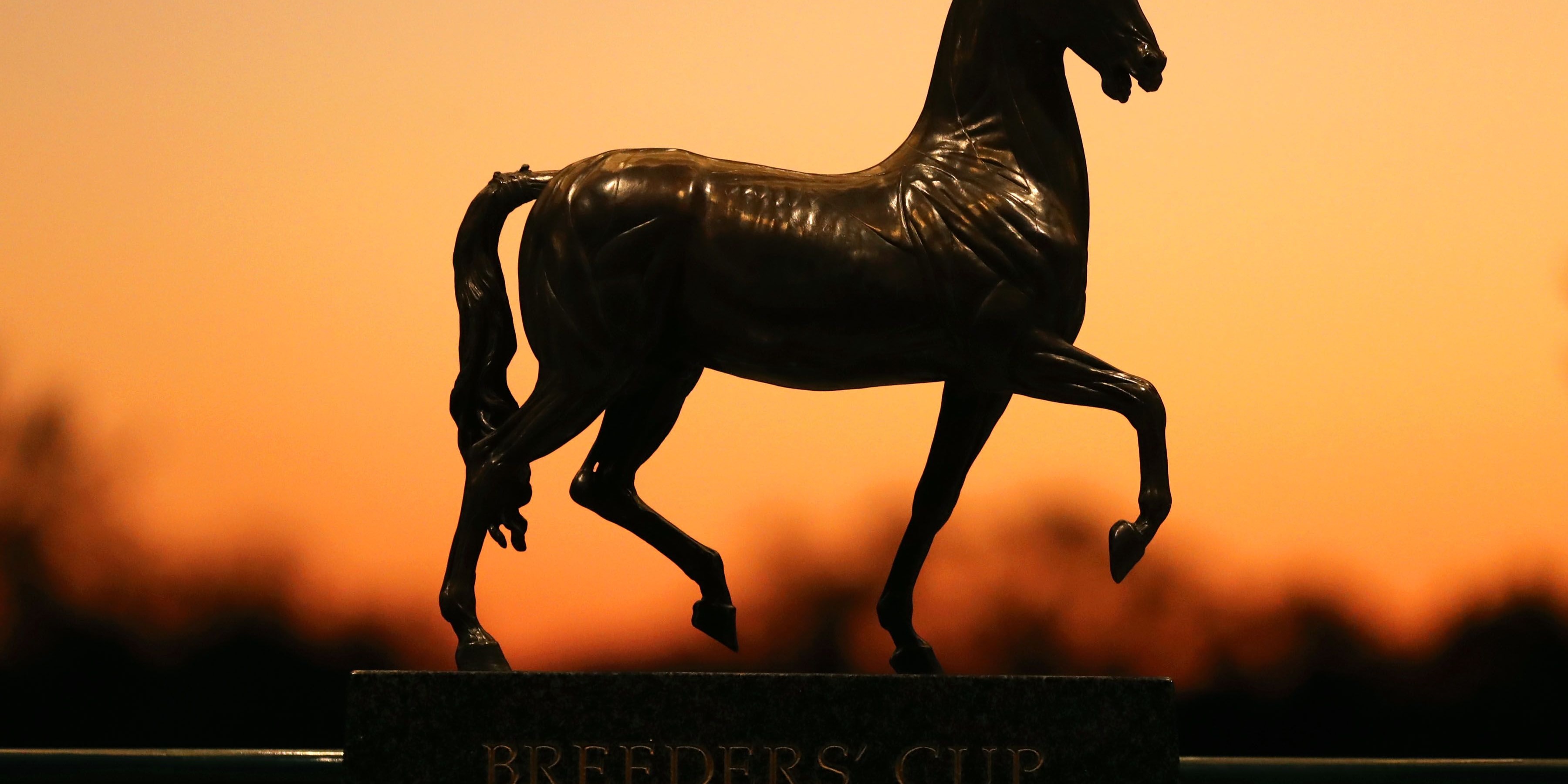 Breeders' Cup Statue at Keeneland at sunset. 
