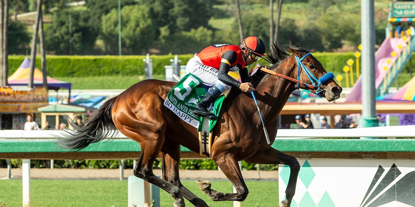 So Happy wins the Santa Anita Derby at Santa Anita.