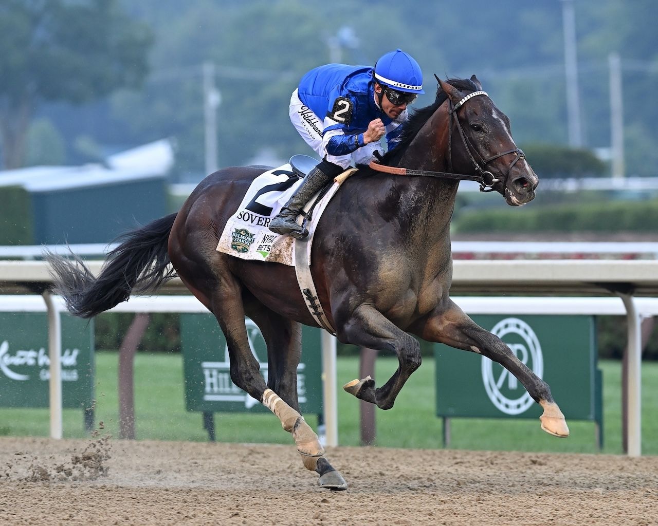 Sovereignty wins the 2025 Belmont Stakes at Saratoga.
