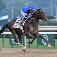 Sovereignty wins the 2025 Belmont Stakes at Saratoga.