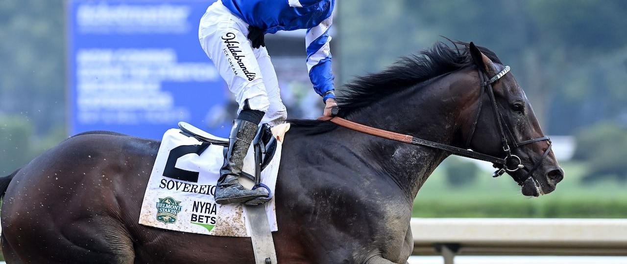 Sovereignty wins the 2025 Belmont Stakes at Saratoga.