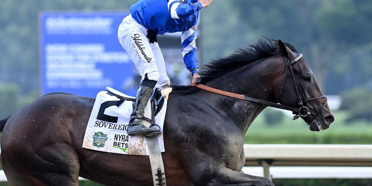 Sovereignty wins the 2025 Belmont Stakes at Saratoga.