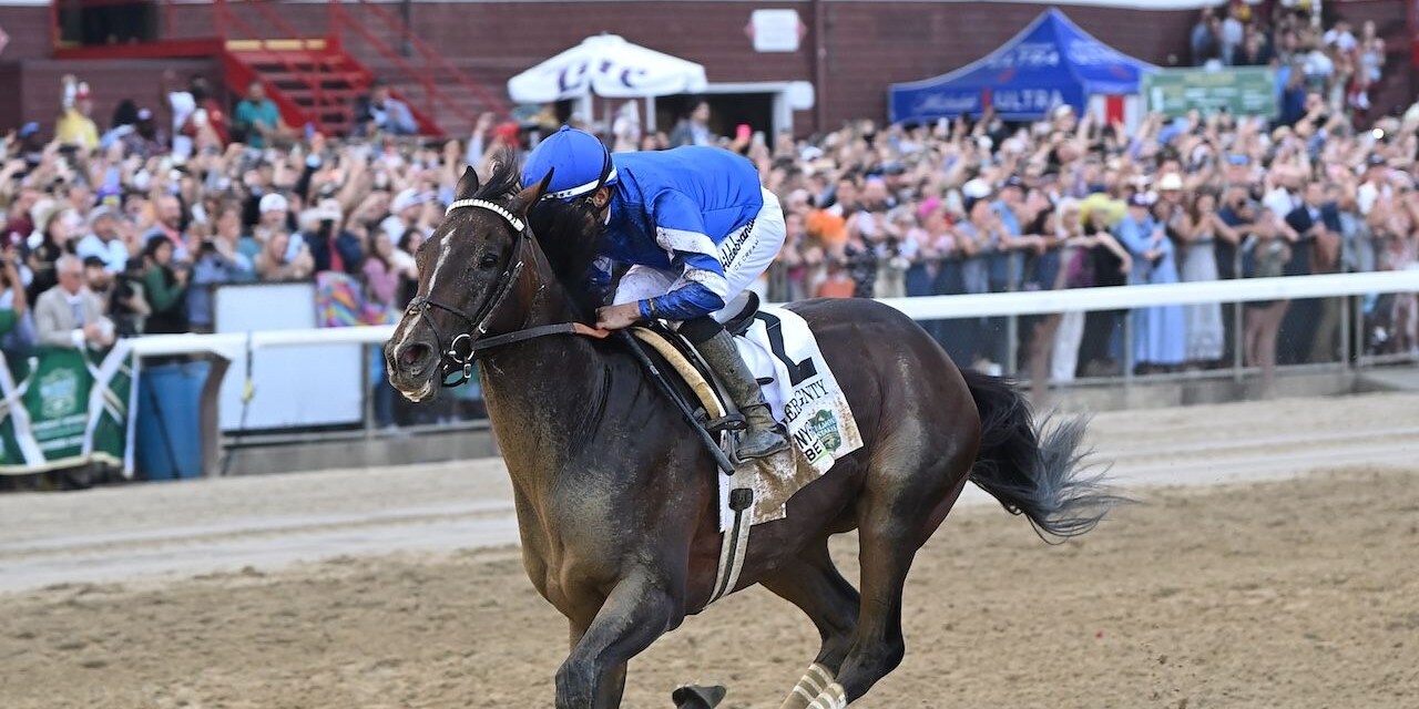 Sovereignty wins the 2025 Belmont Stakes at Saratoga.