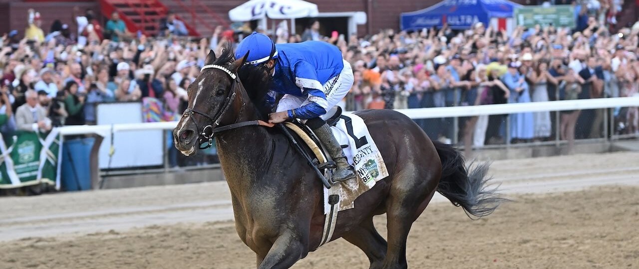 Sovereignty wins the 2025 Belmont Stakes at Saratoga.