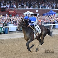 Sovereignty wins the 2025 Belmont Stakes at Saratoga.