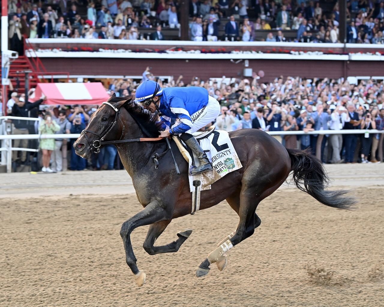 Sovereignty wins the 2025 Belmont Stakes at Saratoga.