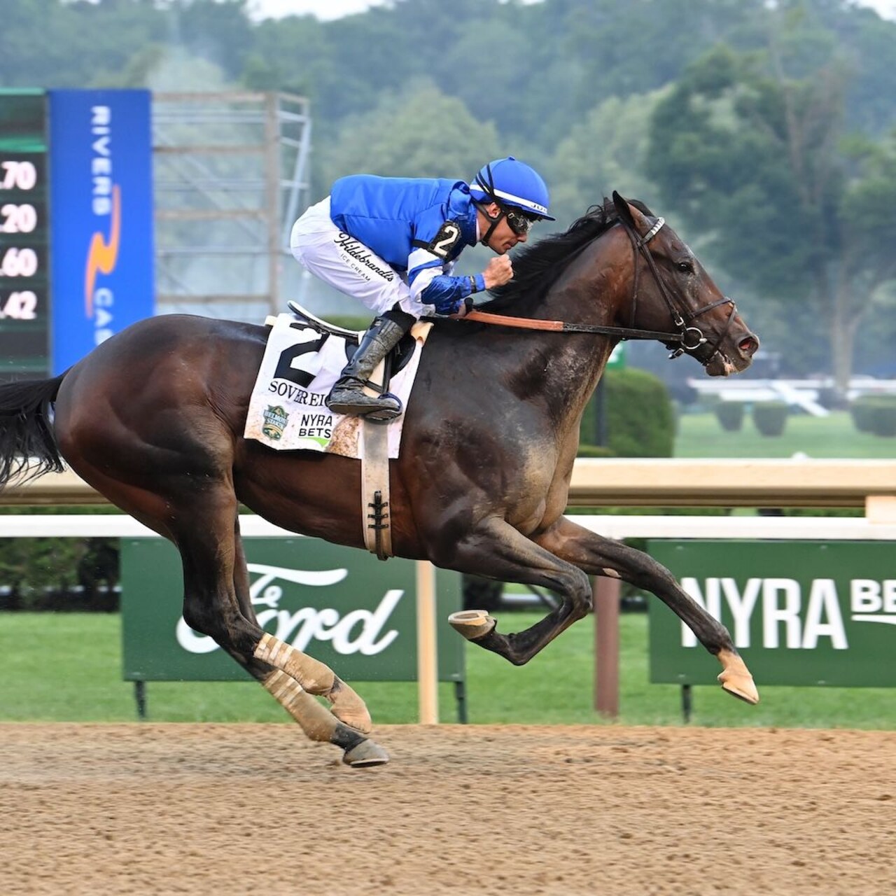 Sovereignty wins the 2025 Belmont Stakes at Saratoga.