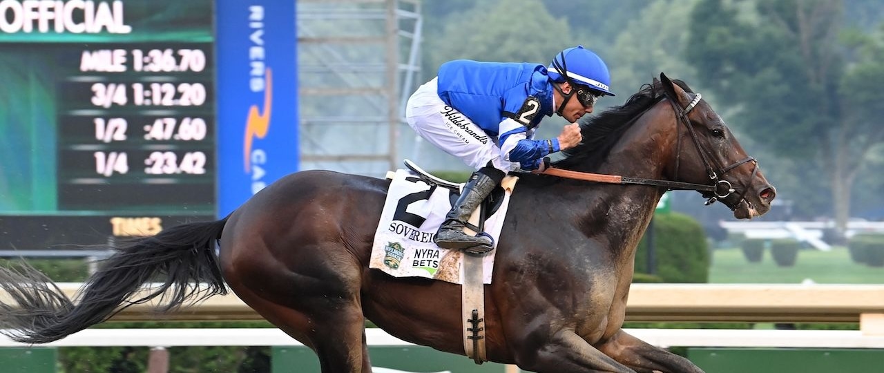 Sovereignty wins the 2025 Belmont Stakes at Saratoga.