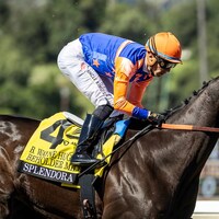 Splendora wins the Beholder Mile at Santa Anita.
