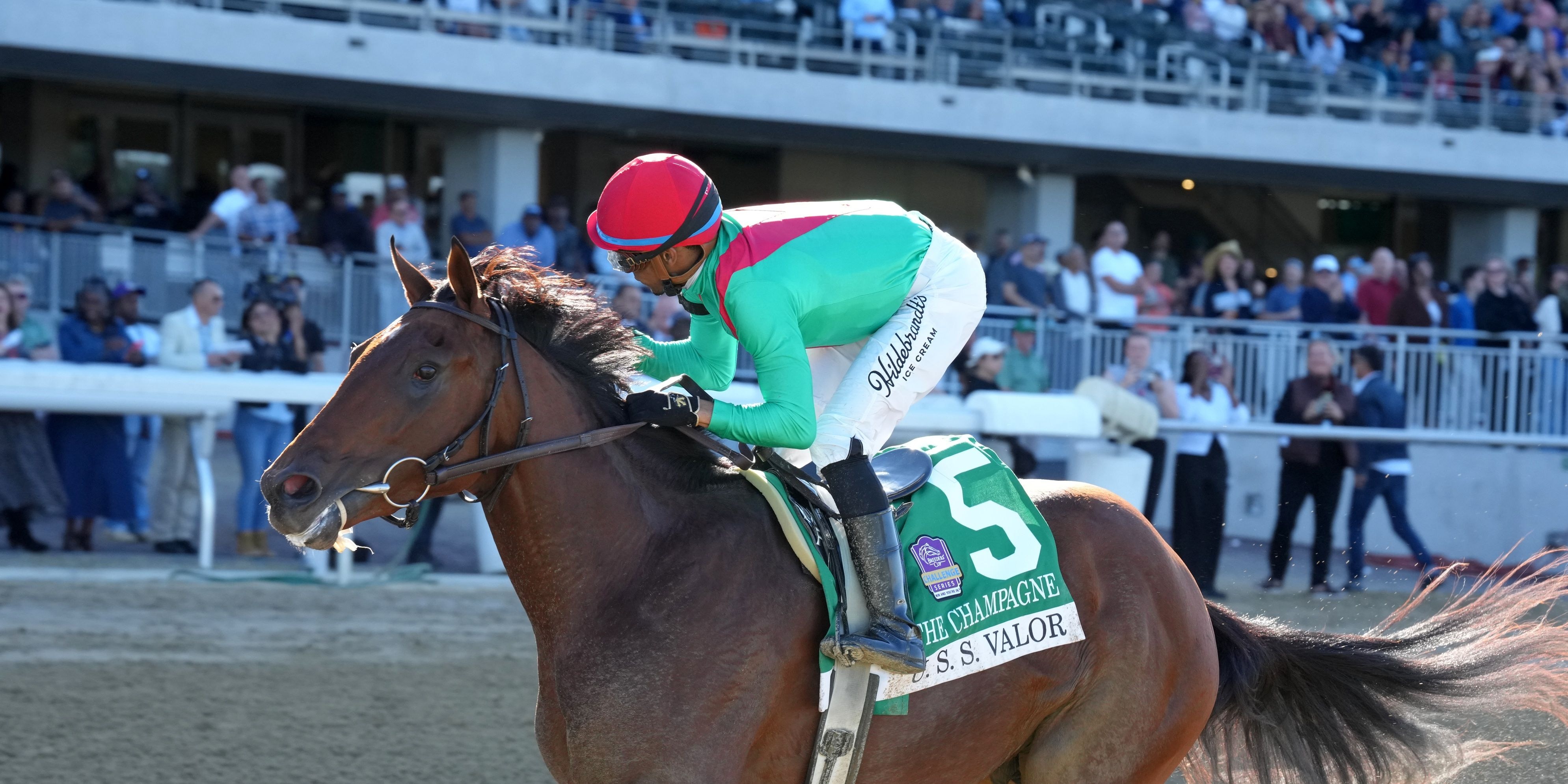 U. S. S. Valor wins the Champagne (G1) at Belmont Park.