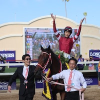 Forever Young's jockey, Ryusei Sakai, celebrates Japan's first Breeders' Cup Classic (G1) victory
